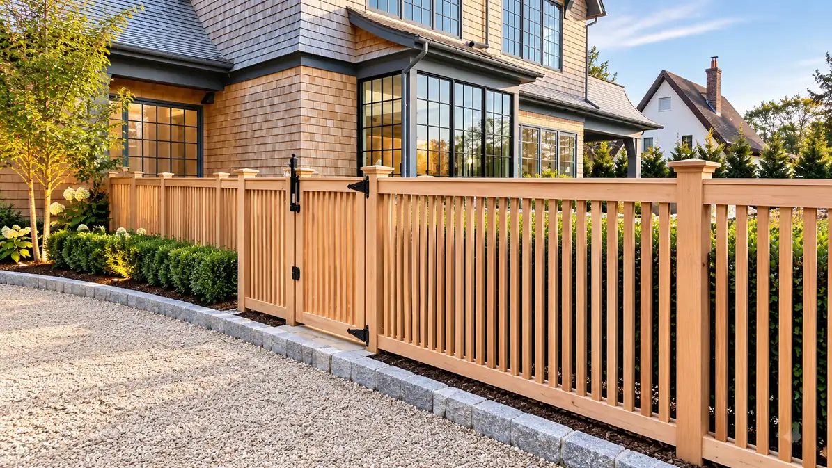 Presentation image of custom clear cedar fencing at a Southampton custom home