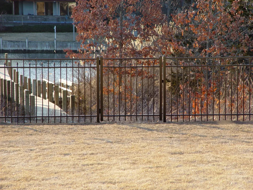 Four-foot black aluminum fence following the edge of a residential yard in Center Moriches, New York.