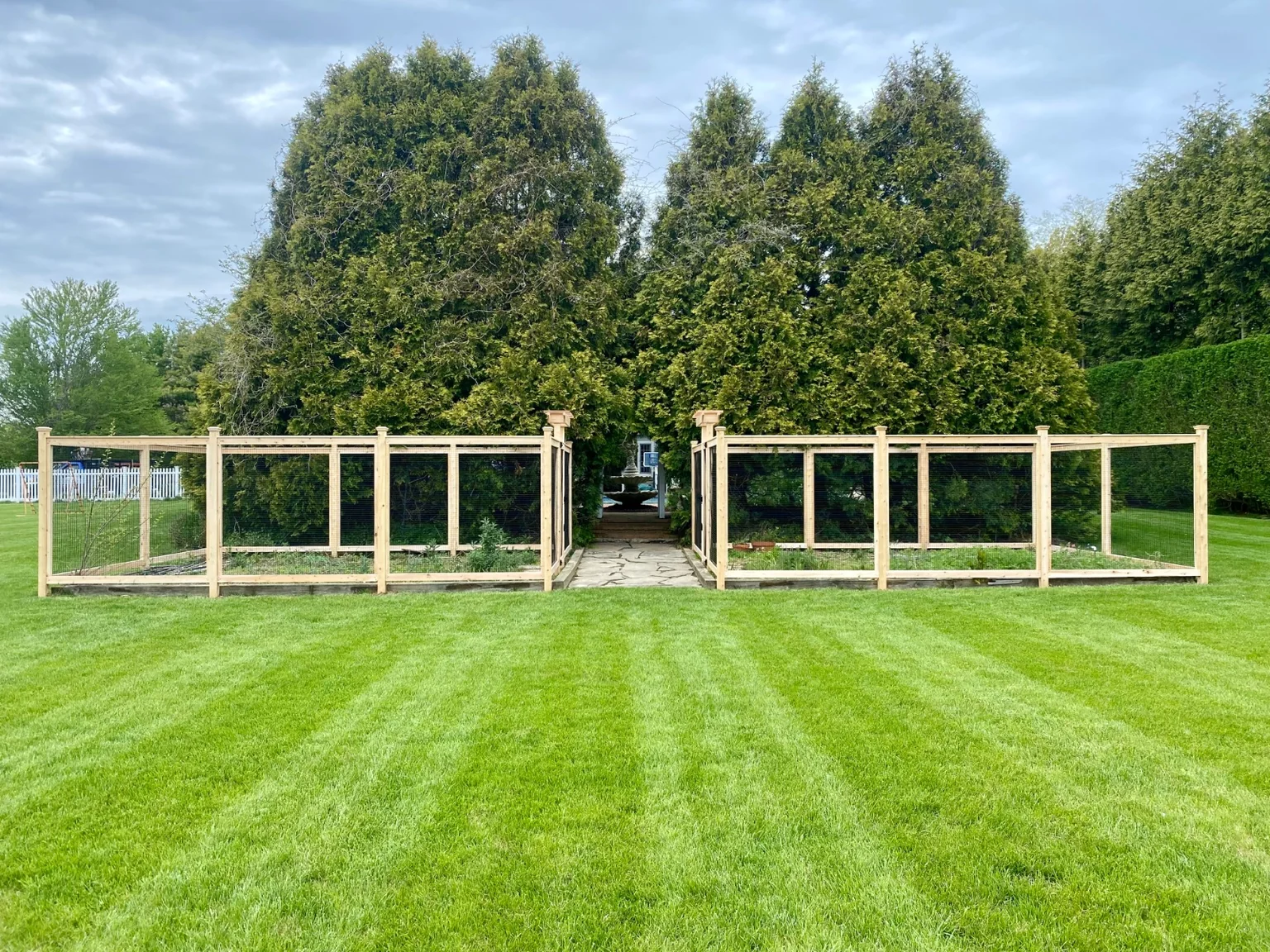 Architectural cedar-framed wire garden enclosure with paired arbor gates in Sagaponack, New York