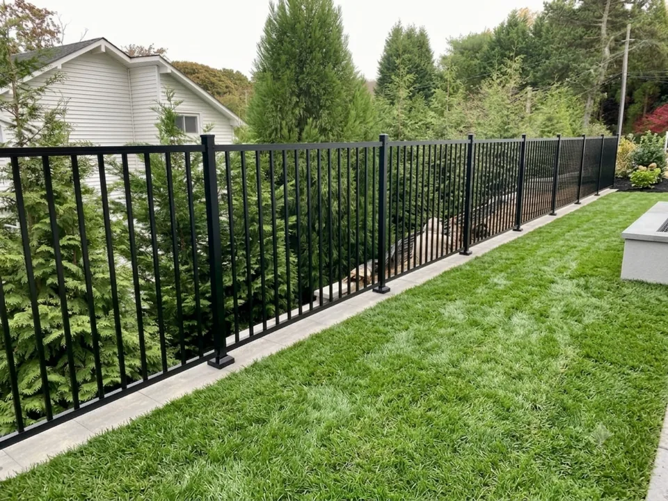 Four-foot black aluminum fence with a flat top rail running along a paver walkway beside a lawn and evergreen screen in Southampton, New York