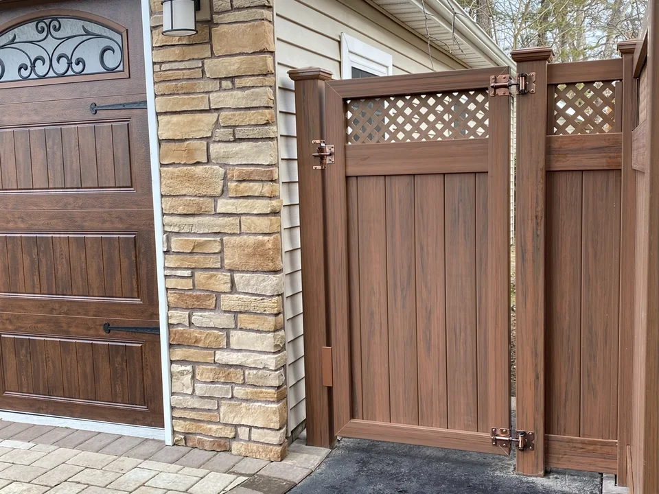 Cedargrain PVC walk gate with lattice top and matching hardware in West Islip, New York